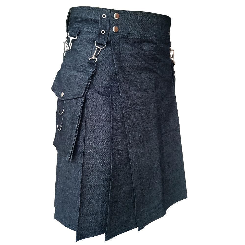 Black Detachable Pocket Denim Utility Kilt