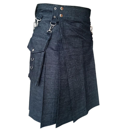 Black Detachable Pocket Denim Utility Kilt