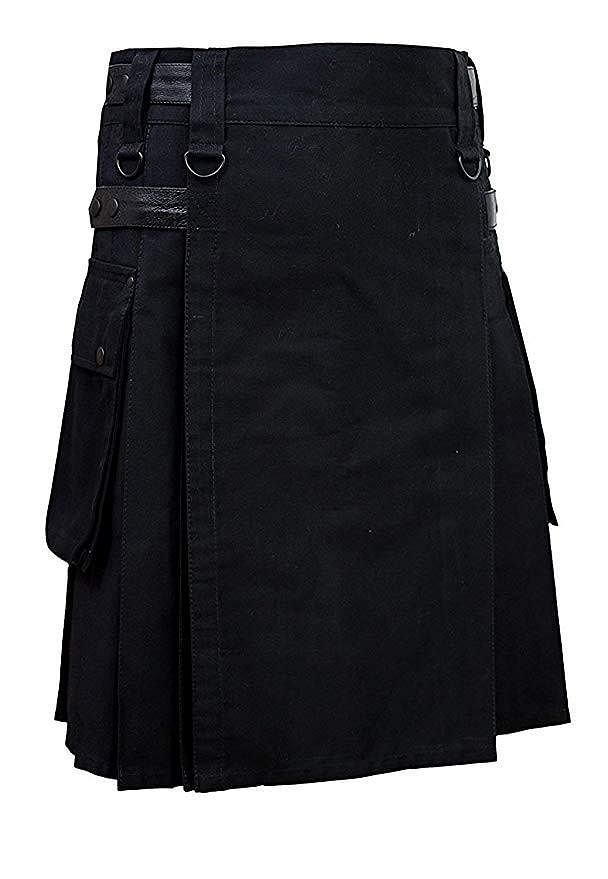Black Friday Scottish Men  Black Utility Kilt Leather Straps Fashion Active Sport Kilt Set