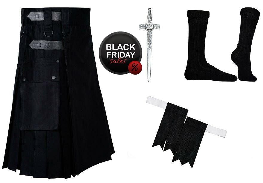 Black Friday Scottish Men  Black Utility Kilt Leather Straps Fashion Active Sport Kilt Set