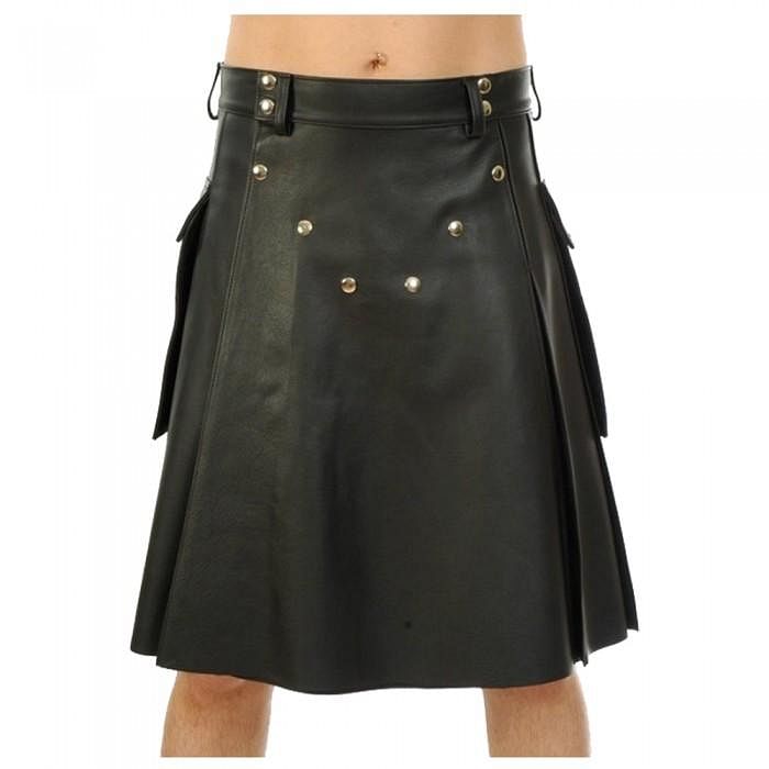 Black Genuine Leather Utility Leather Kilt Twin Pockets