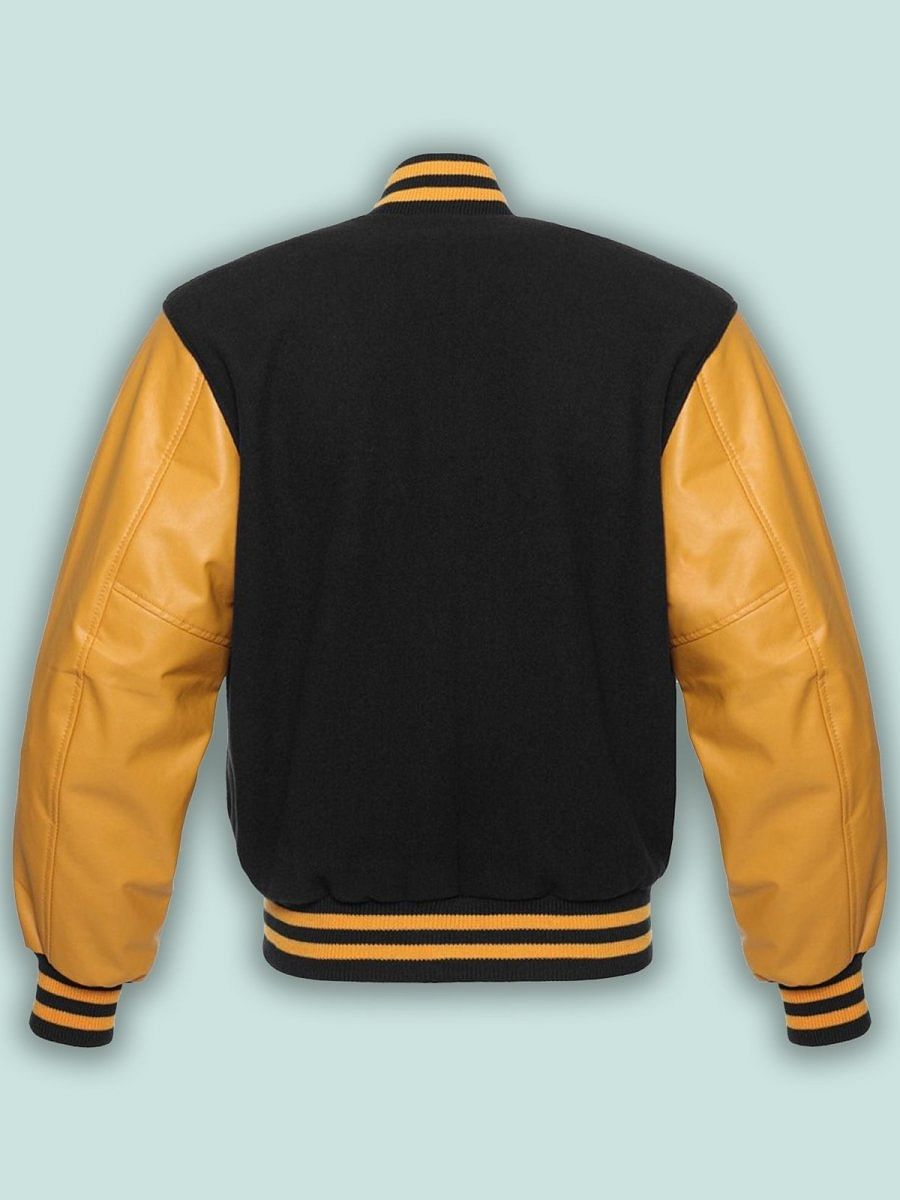 Black & Gold Varsity Letterman baseball jacket Wool Body & Leather Sleeves