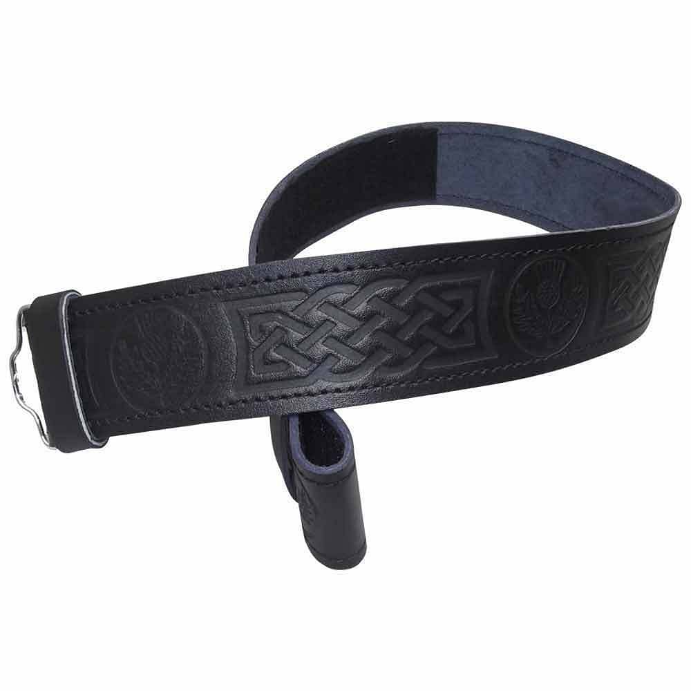 Black Leather Kilt Belt Embossed Celtic Scottish Thistle Belts Lion Rampant