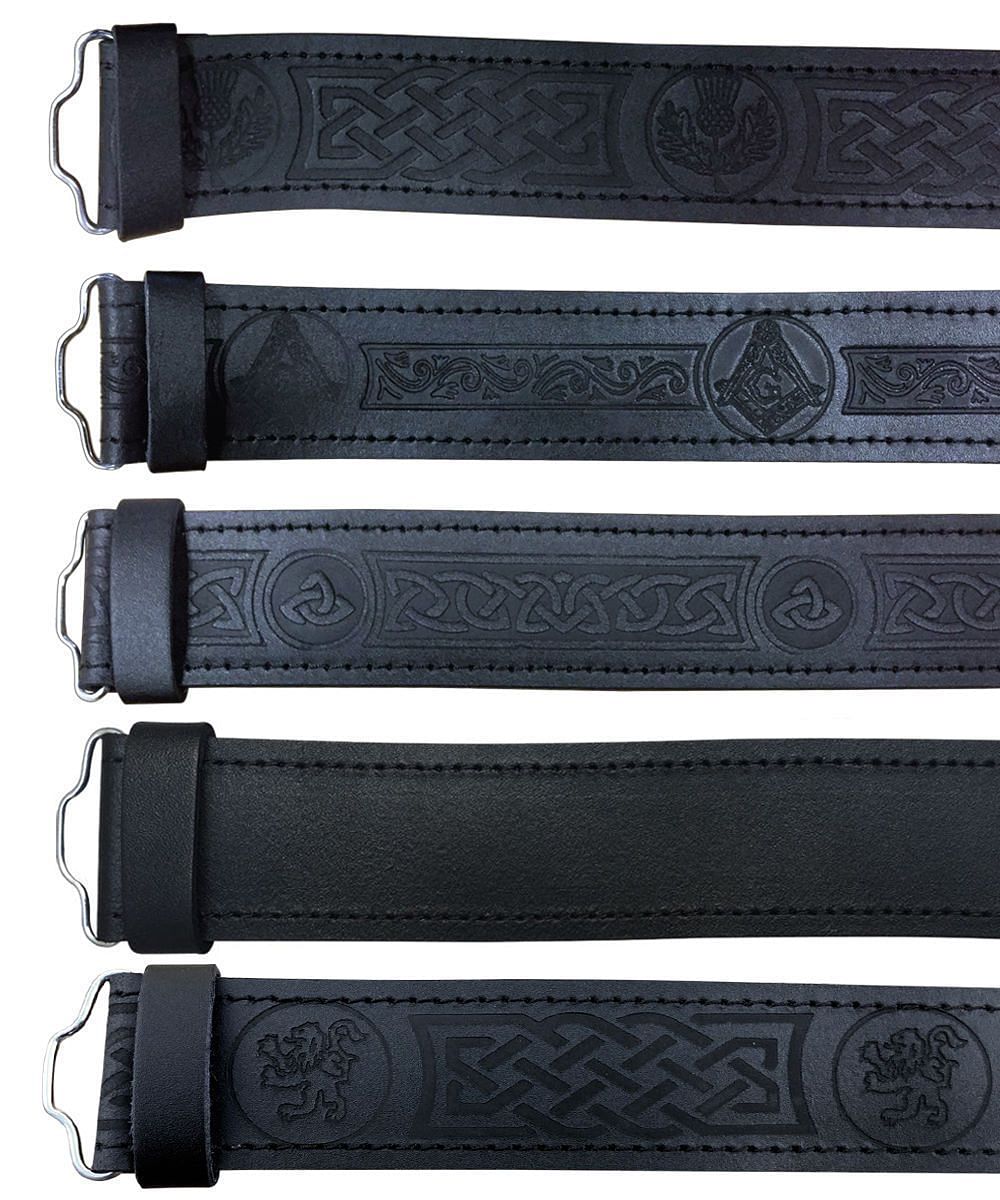 Black Leather Kilt Belt Embossed Celtic Scottish Thistle Belts Lion Rampant