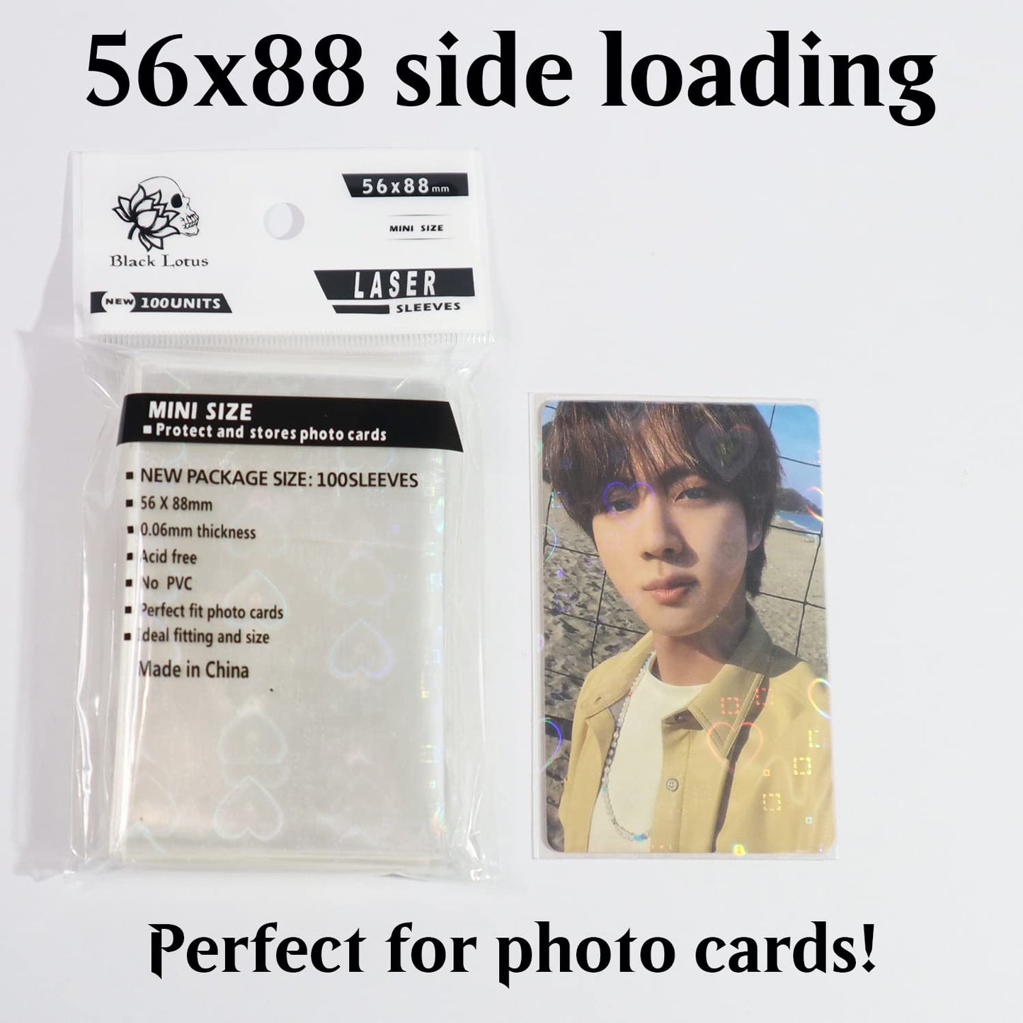 Black Lotus Heart-Shape Laser Flashing Card Sleeves 56x88mm – 100pcs, Acid-Free & PVC-Free Kpop Card Protectors