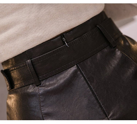 Black PU Leather Pencil Midi Skirts High Waist Split OL Elegant Sheath Wrap Skirts With Belt
