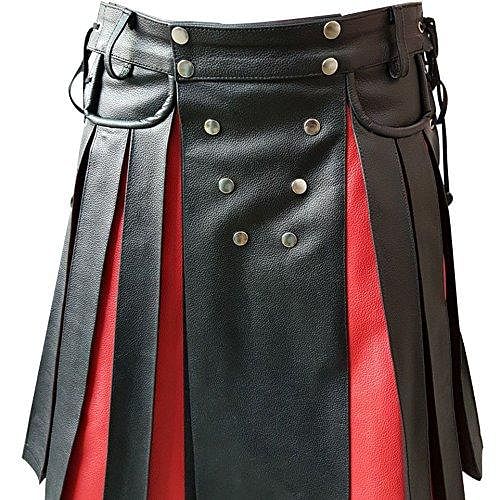 Black & Red Leather Gladiator Pleated Utility Kilt Flat Front Pocket
