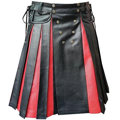 Black & Red Leather Gladiator Pleated Utility Kilt Flat Front Pocket