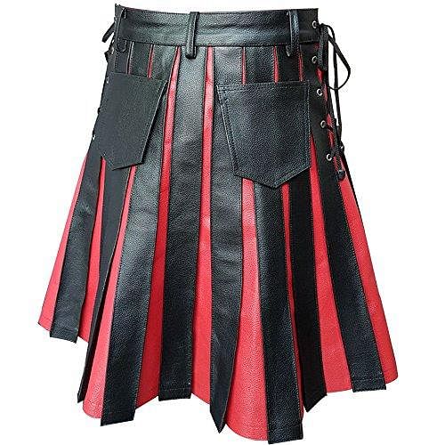 Black & Red Leather Gladiator Pleated Utility Kilt Flat Front Pocket