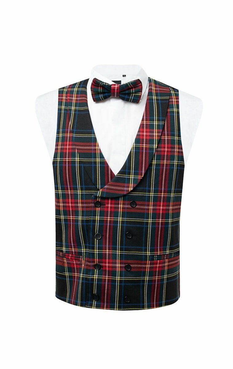 Black Stewart Scottish Men Traditional  Tartan Waistcoat,Double Breasted Shawl Lapel