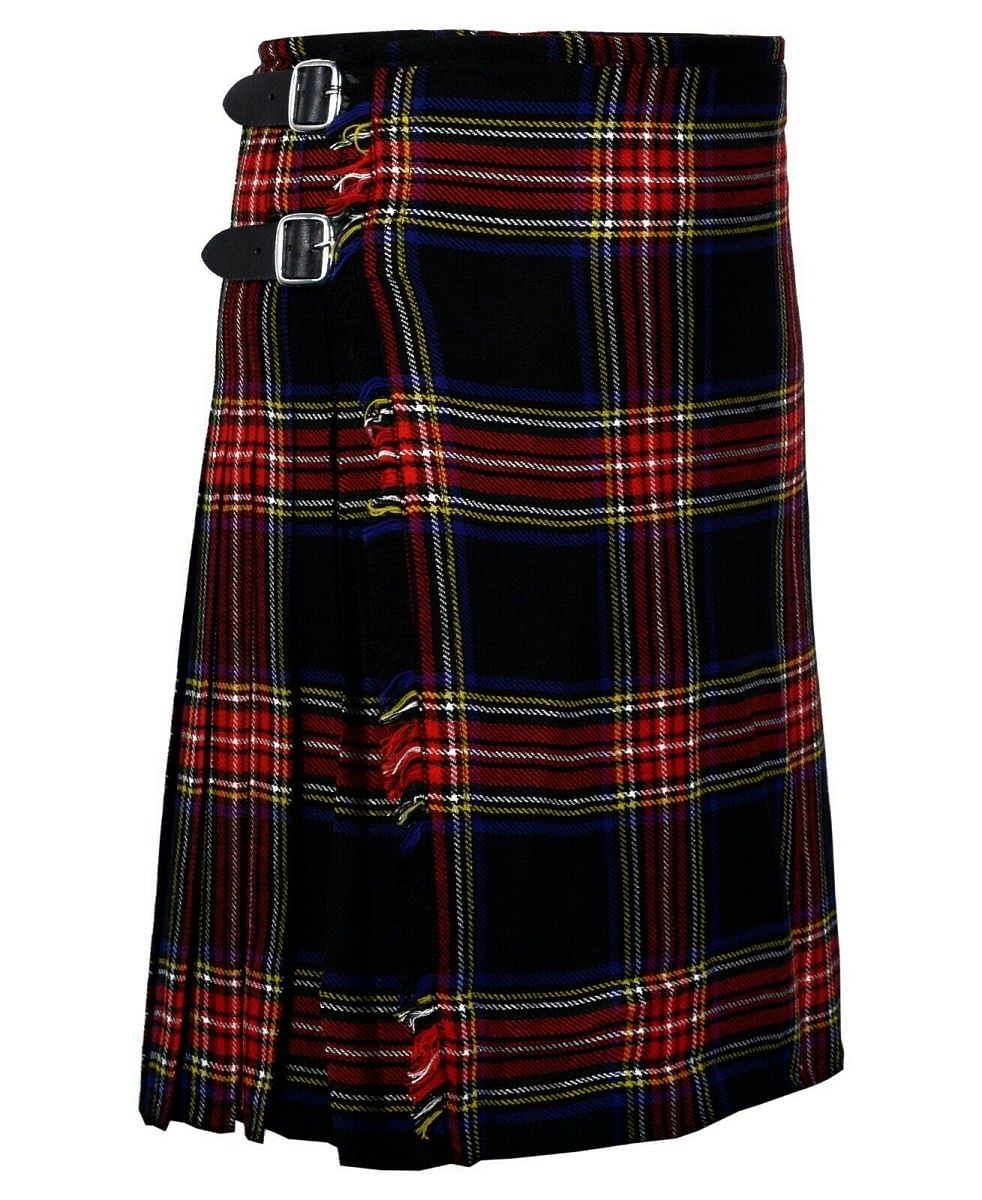 Black Stewart Tartan 8 Yard Handmade 16oz Traditional HeavyWeight Kilt 24" Drop