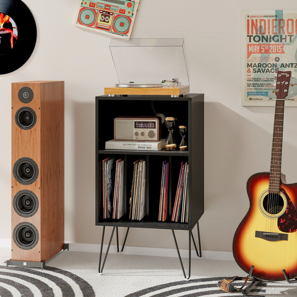 3-Tier Record Player Stand with Charging Station Shelf and 4 Dividers-Walnut
