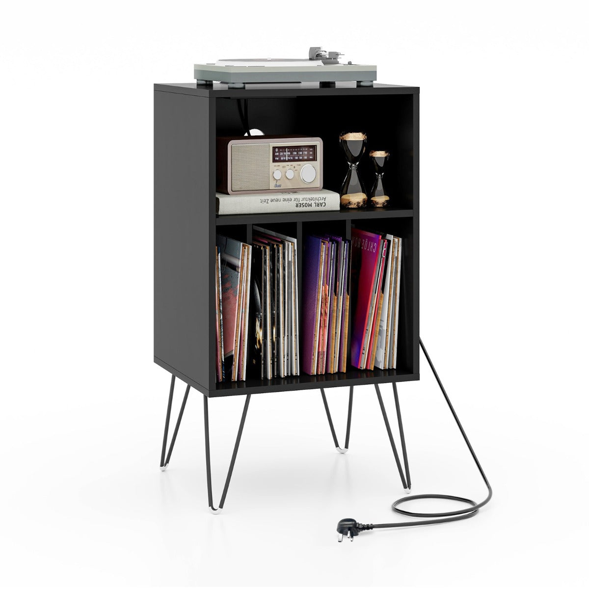 3-Tier Record Player Stand with Charging Station Shelf and 4 Dividers-Walnut