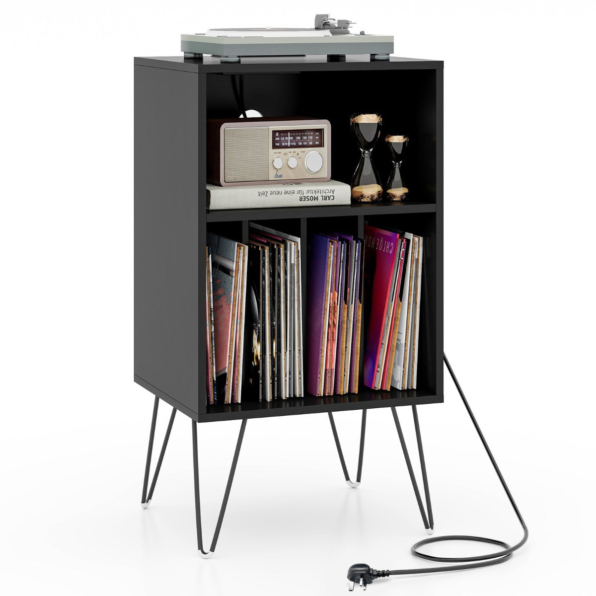 3-Tier Record Player Stand with Charging Station Shelf and 4 Dividers-Walnut
