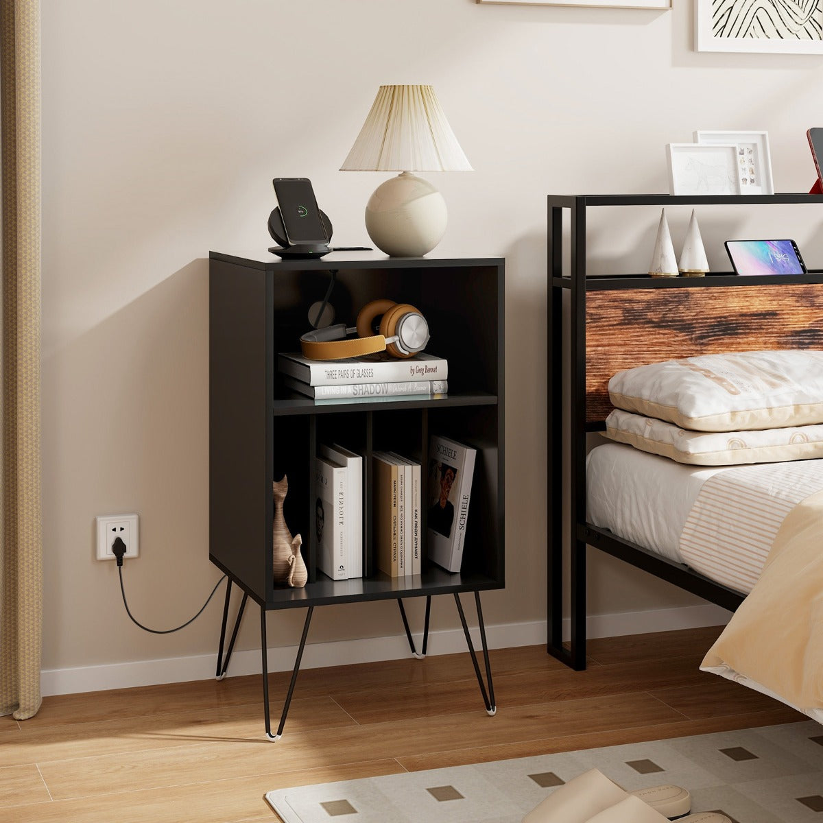3-Tier Record Player Stand with Charging Station Shelf and 4 Dividers-Walnut