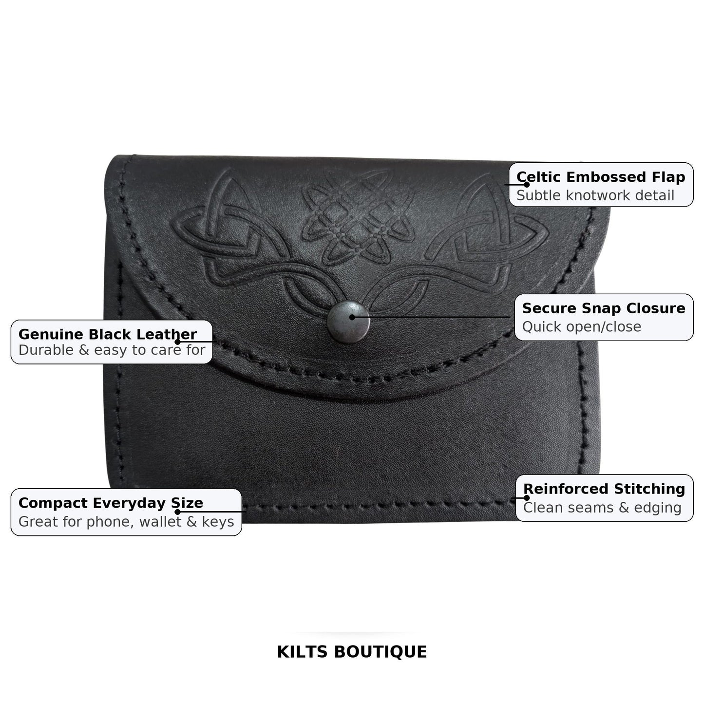 Kilts Boutique Black Leather Celtic Embossed Belt Pouch – Highland Piper Kilt Sporran/Pouch with Snap Closure & Rear Belt Loops – Fits Standard 2.25″ Kilt Belt