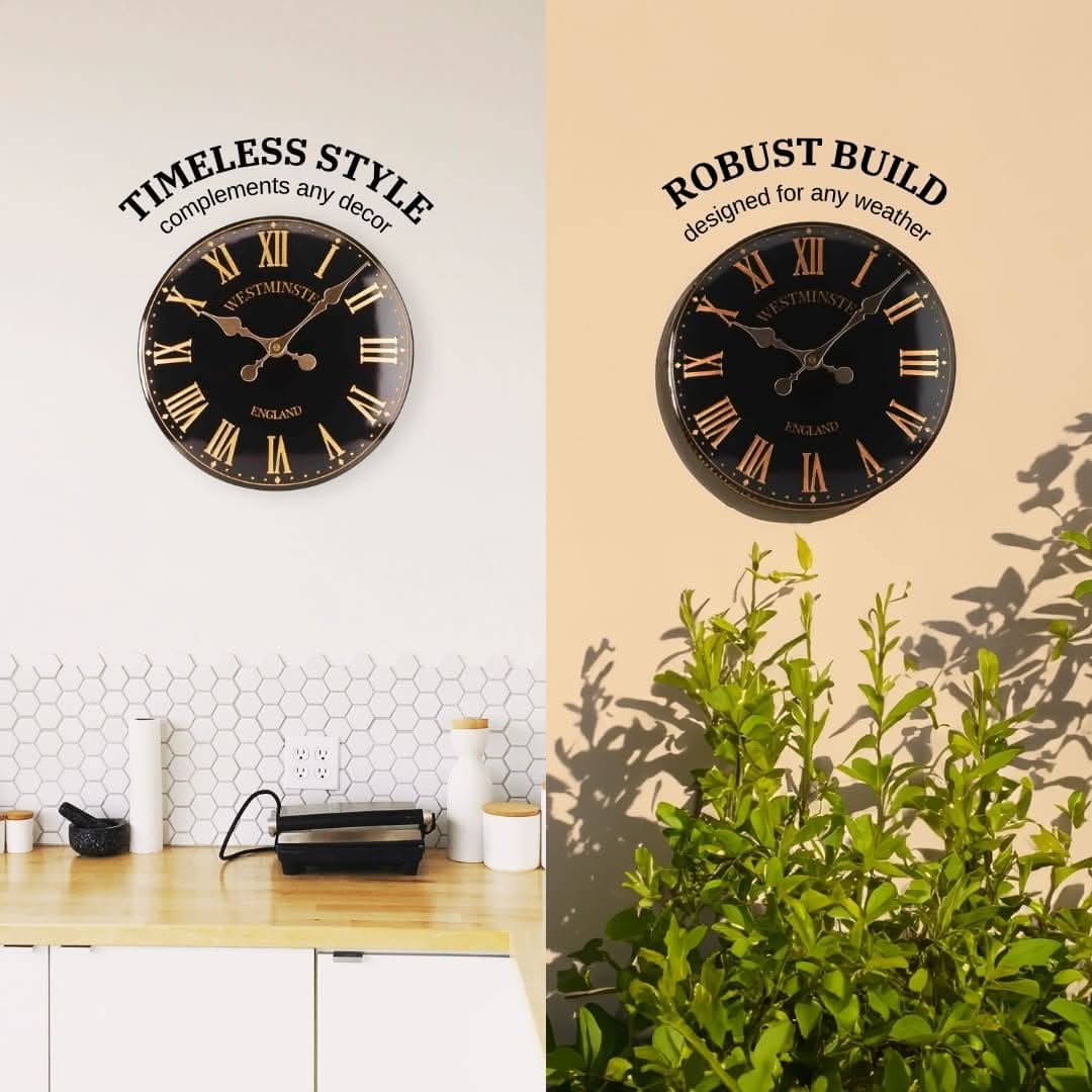 38cm Black Westminster Garden Wall Clock with Thermometer