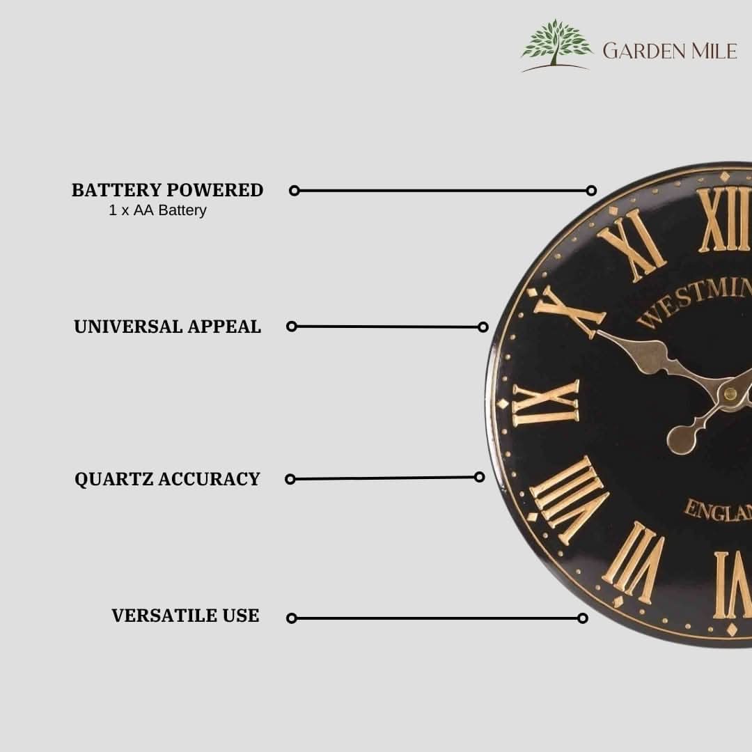 38cm Black Westminster Garden Wall Clock with Thermometer
