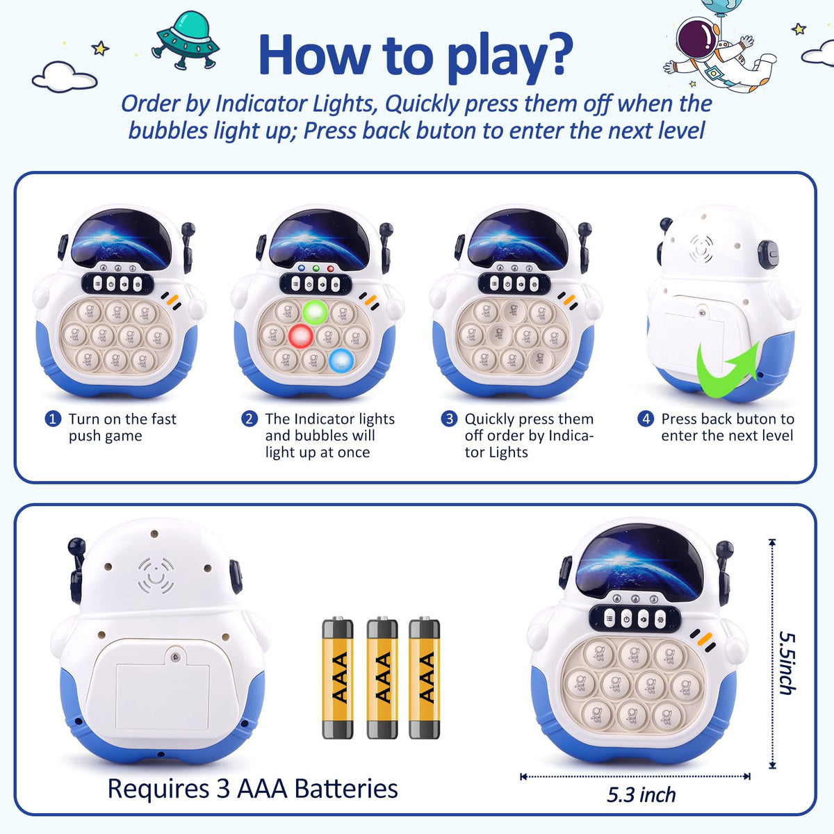 Blackma Fast Push Light Up Fidget Toy – Astronaut Handheld Puzzle for Kids (Blue)