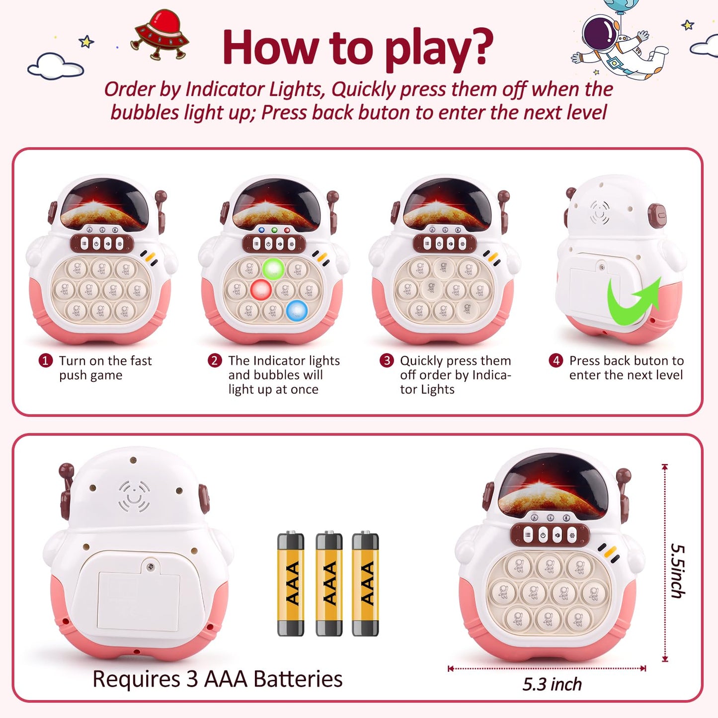 Blackma Fast Push Light Up Fidget Toy - Pink Astronaut Handheld Puzzle for Kids 3-12