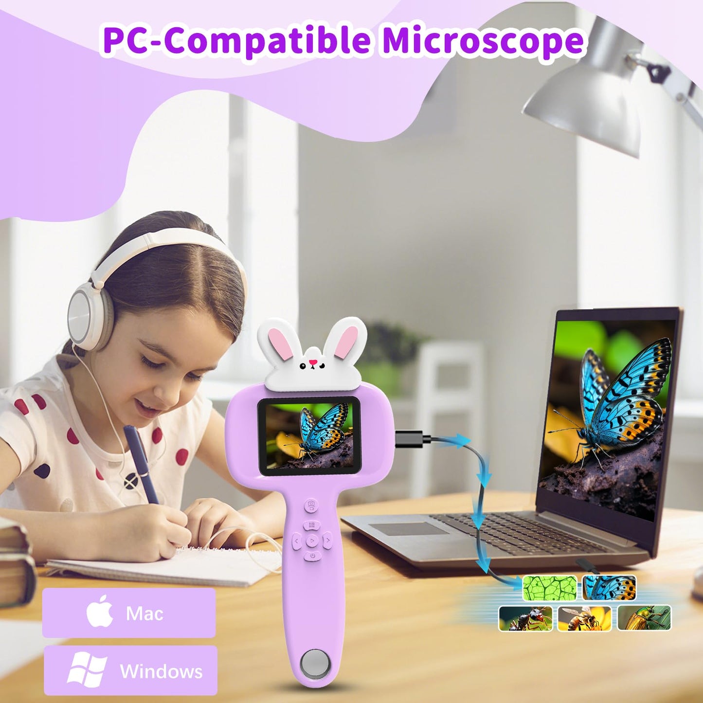 BLACKROOT Kids Microscope — 2.4-inch Handheld Digital Pocket Scope, 1000x Magnification, 16 Slides, Purple
