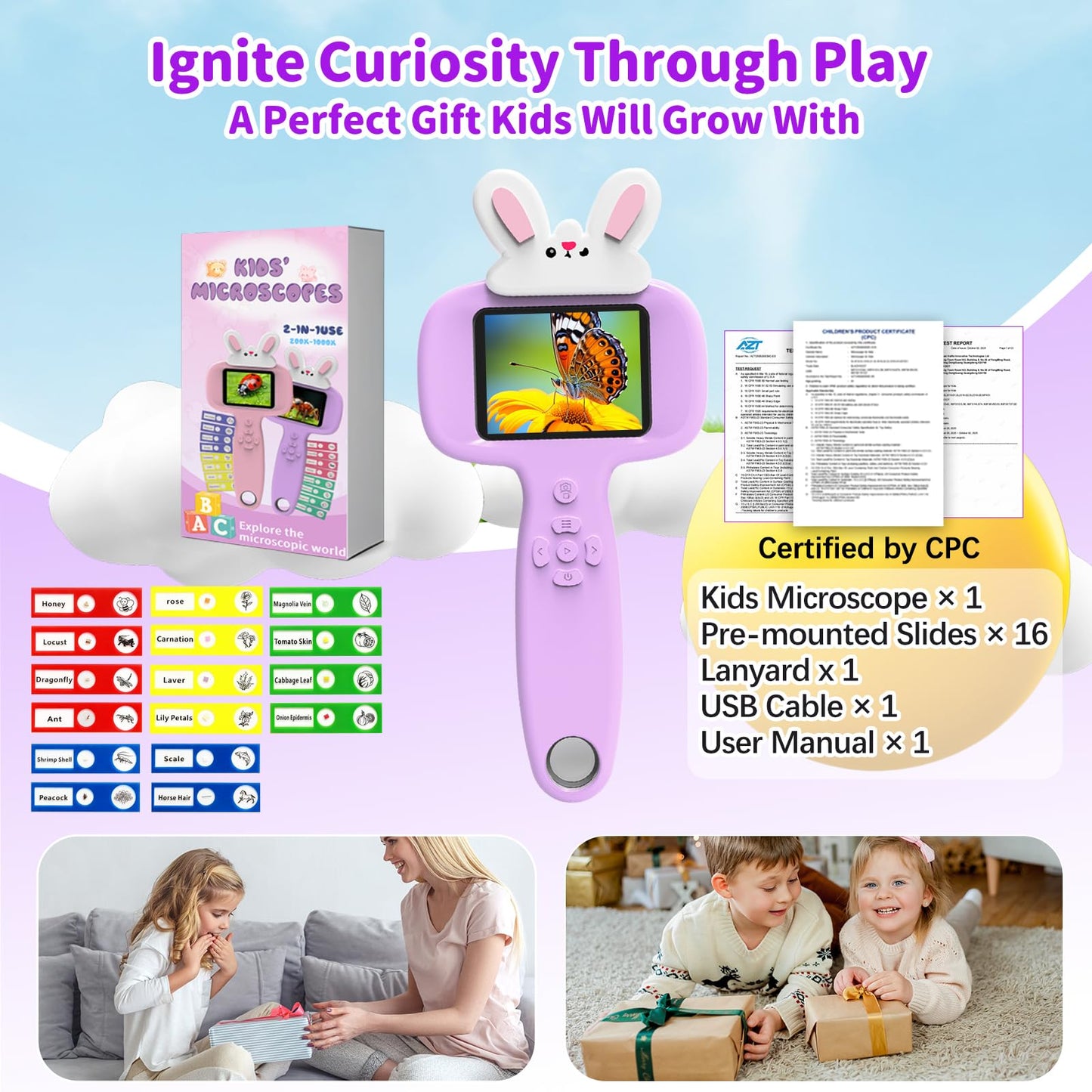 BLACKROOT Kids Microscope — 2.4-inch Handheld Digital Pocket Scope, 1000x Magnification, 16 Slides, Purple