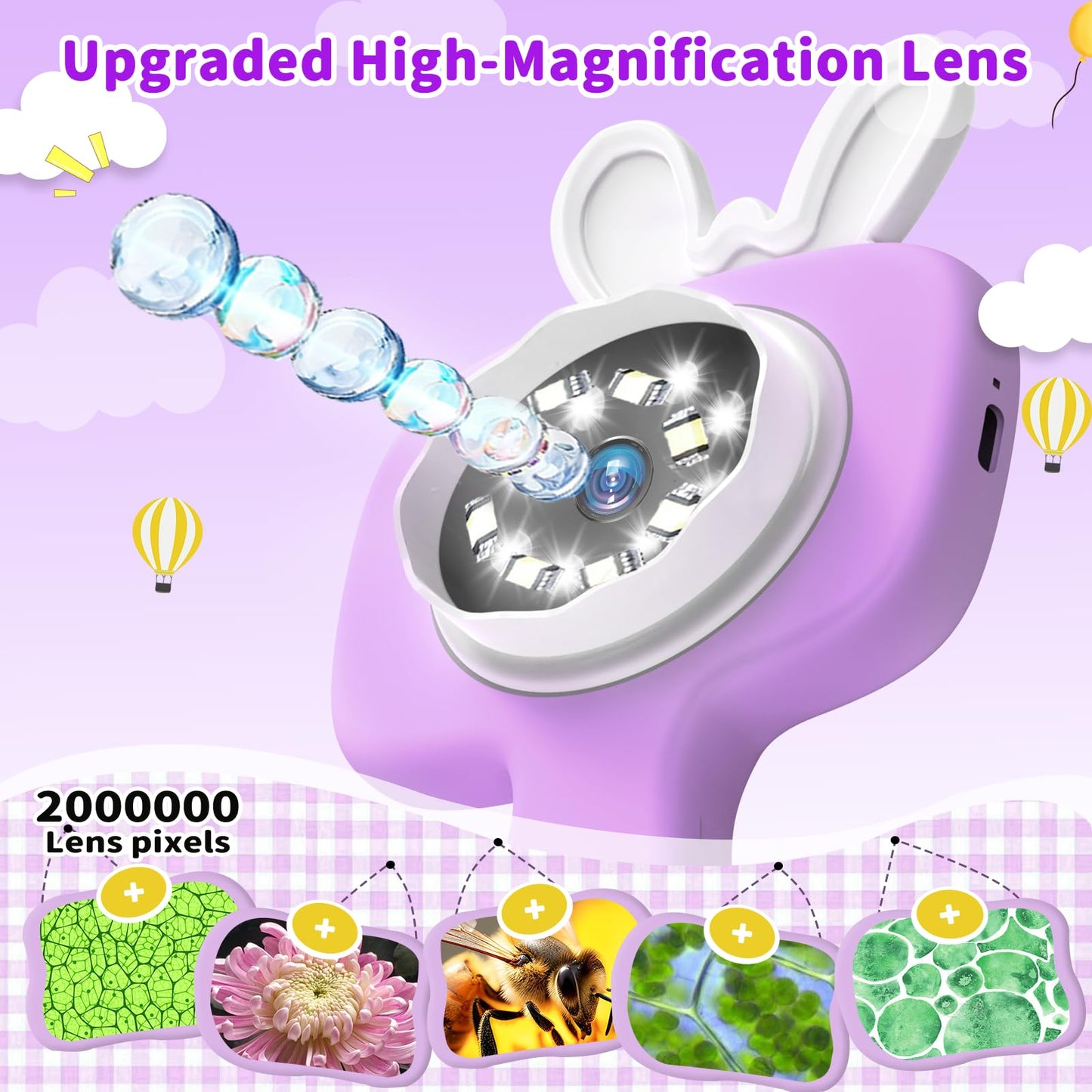 BLACKROOT Kids Microscope — 2.4-inch Handheld Digital Pocket Scope, 1000x Magnification, 16 Slides, Purple