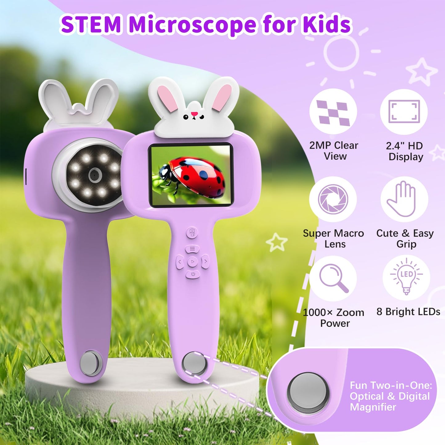 BLACKROOT Kids Microscope — 2.4-inch Handheld Digital Pocket Scope, 1000x Magnification, 16 Slides, Purple
