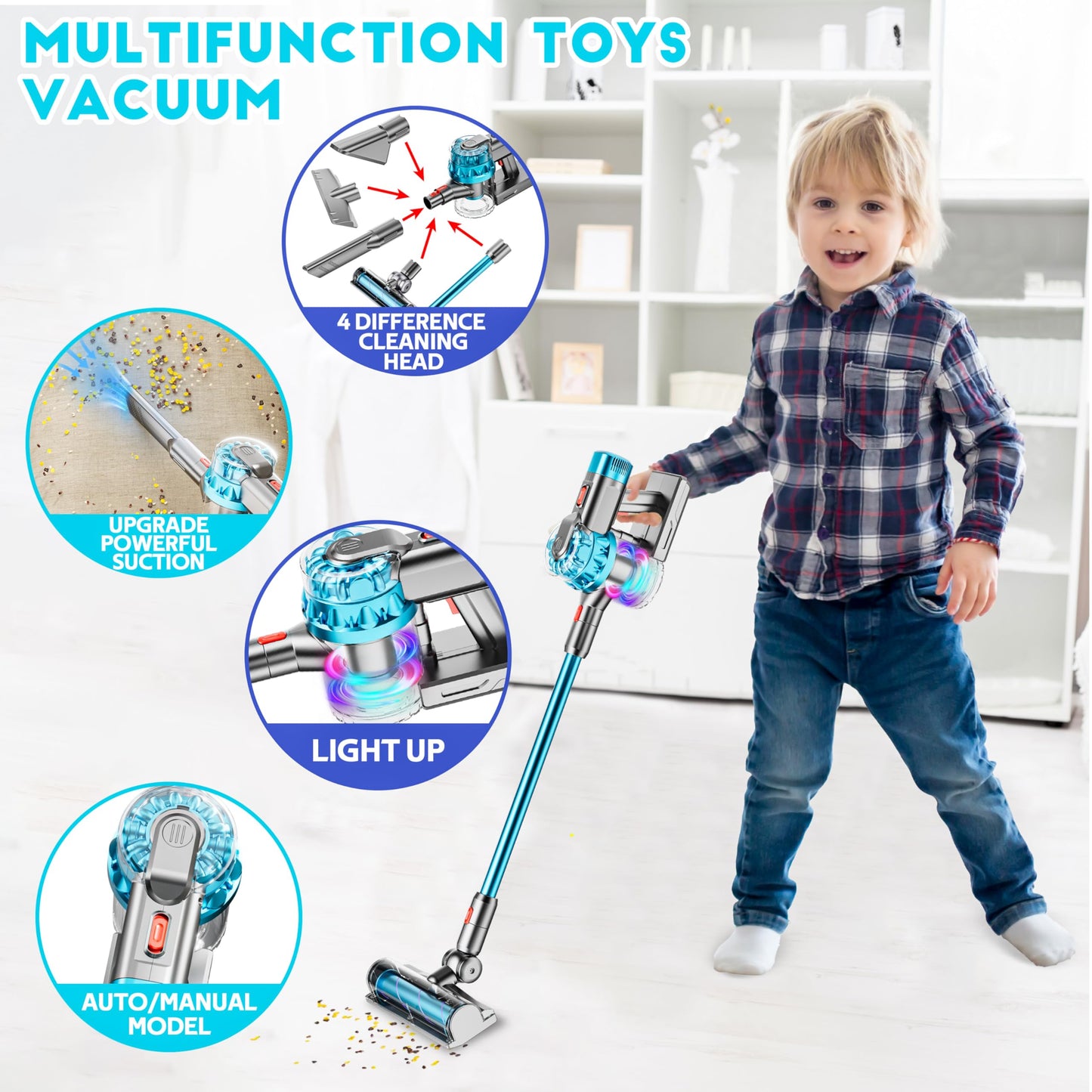 BLAXTEM 4-in-1 Kids Toy Vacuum with Real Suction – Auto & Manual Modes, 4 Cleaning Heads, Cyan