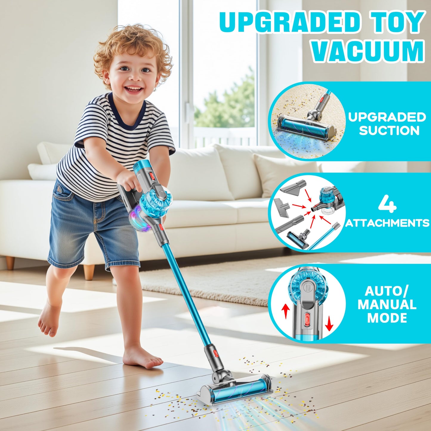 BLAXTEM 4-in-1 Kids Toy Vacuum with Working Suction – Pretend Play Cleaning Set