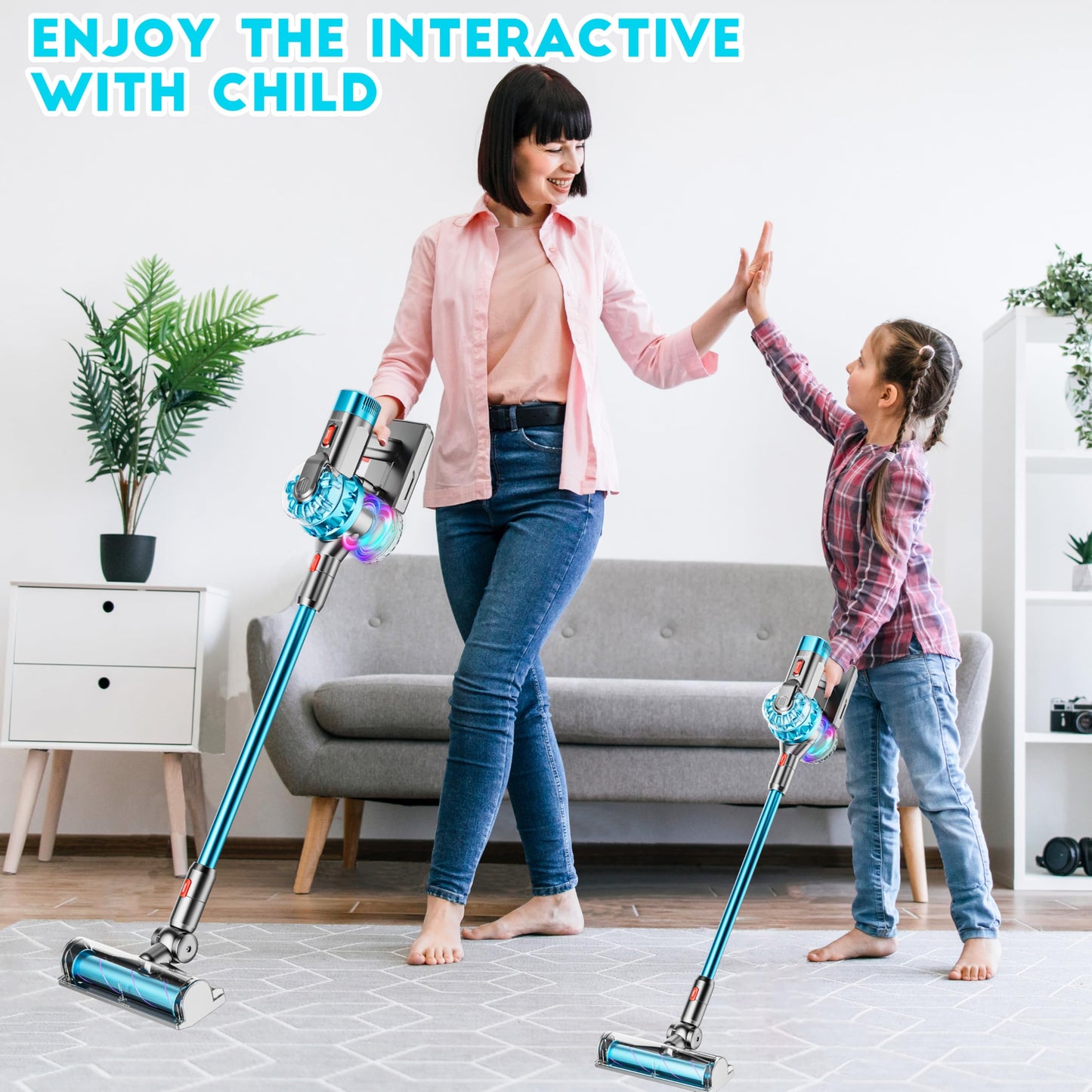 BLAXTEM 4-in-1 Kids Toy Vacuum with Real Suction – Auto & Manual Modes, 4 Cleaning Heads, Cyan