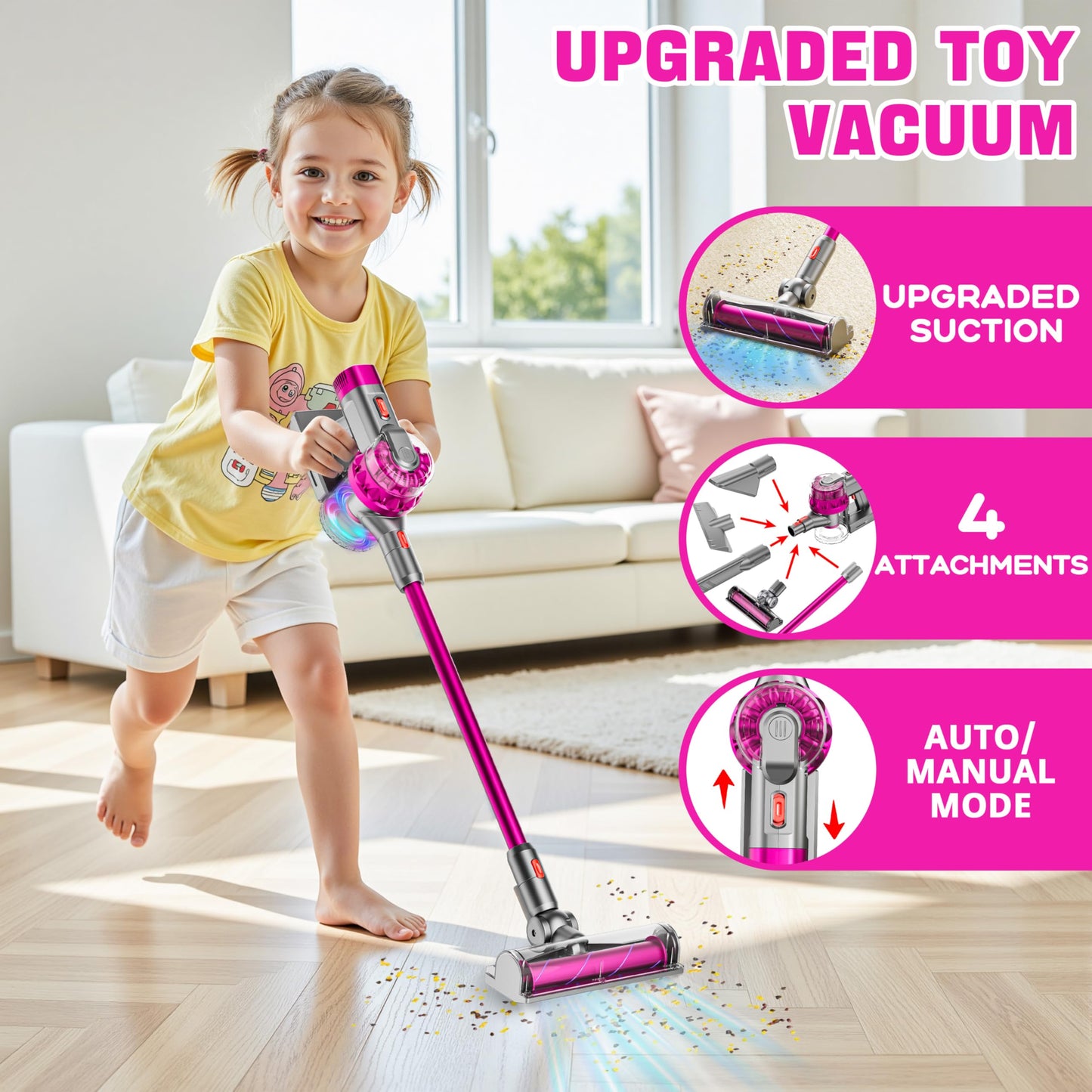 BLAXTEM 4-in-1 Kids Vacuum Toy – Suction, Lights & Sound, Rose Red