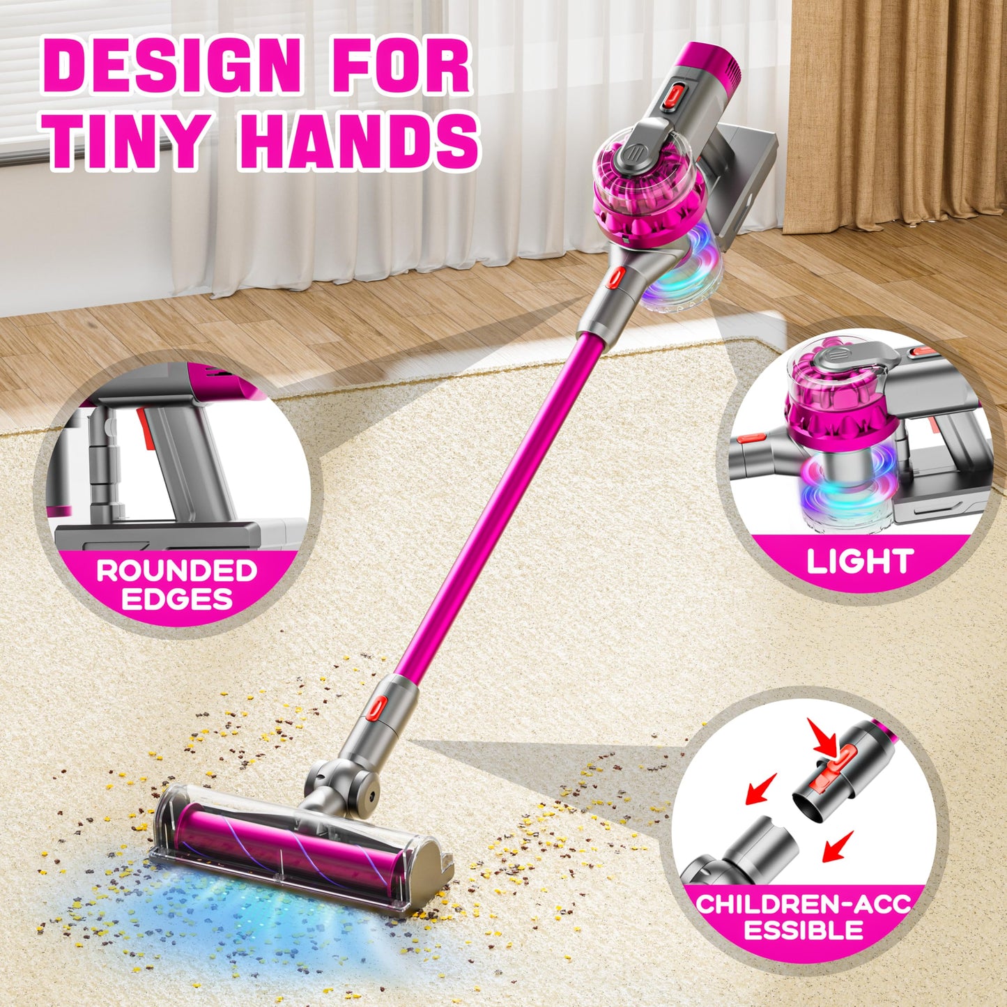 BLAXTEM 4-in-1 Kids Vacuum Toy – Suction, Lights & Sound, Rose Red