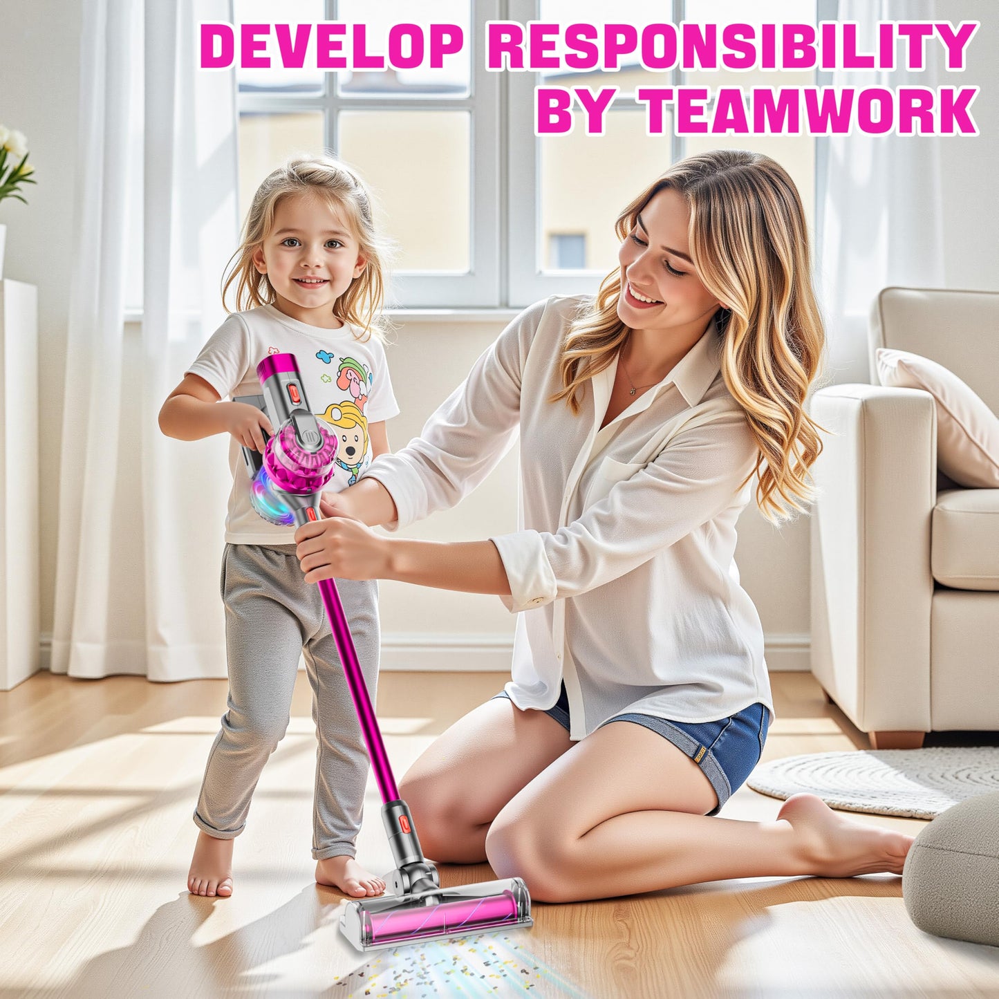BLAXTEM 4-in-1 Kids Vacuum Toy – Suction, Lights & Sound, Rose Red