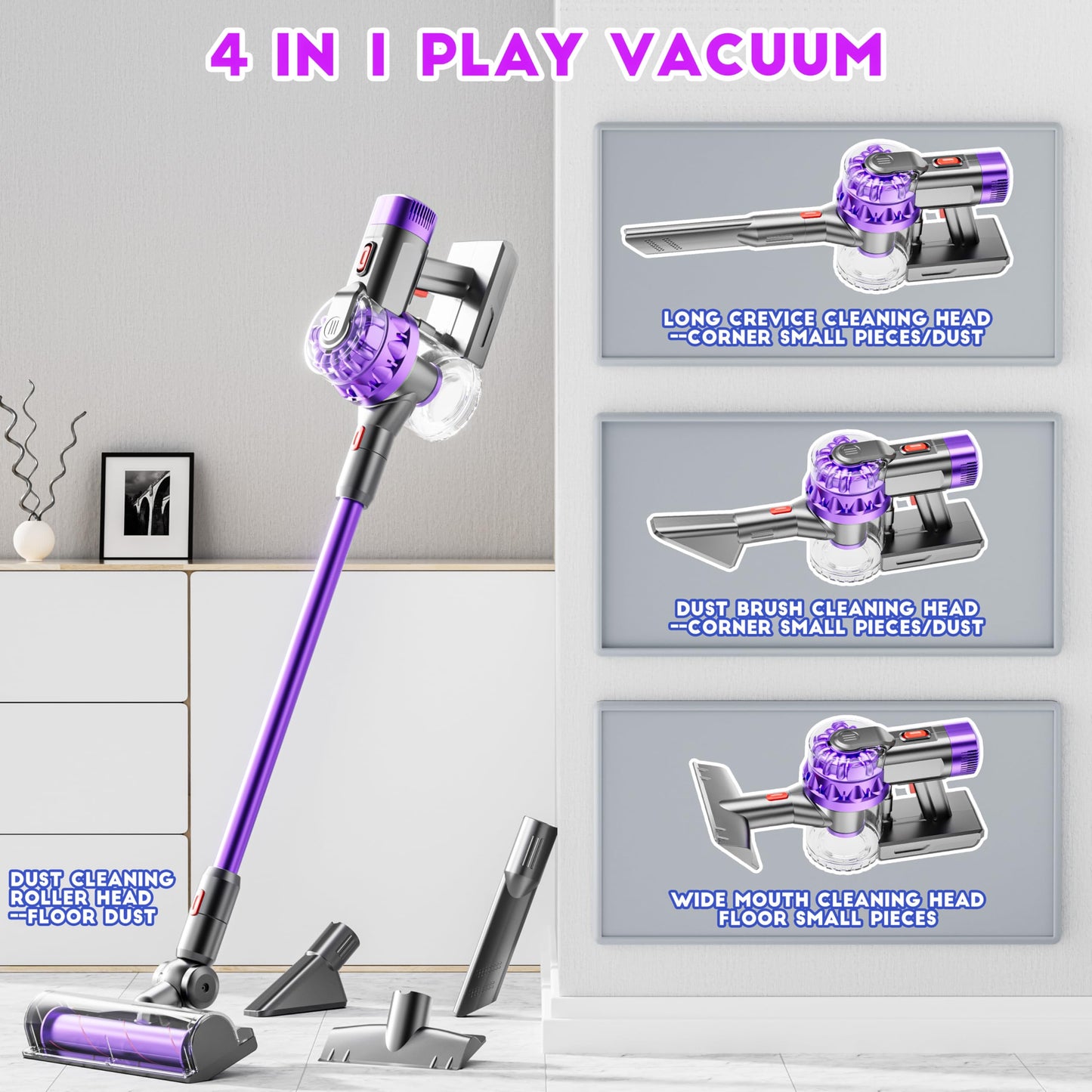 BLAXTEM 4-in-1 Kids Toy Vacuum with Real Suction | Pretend Play Cleaning Set