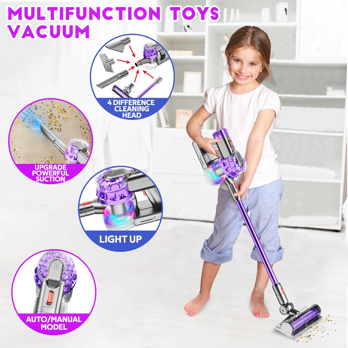 BLAXTEM 4-in-1 Kids Toy Vacuum with Real Suction | Pretend Play Cleaning Set
