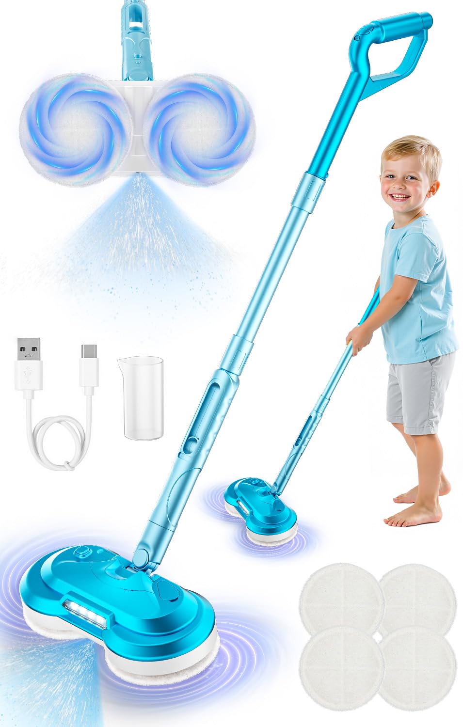 BLAXTEM Kids Electric Spray Spin Mop Toy – Rechargeable Cordless Mop with LED Headlights