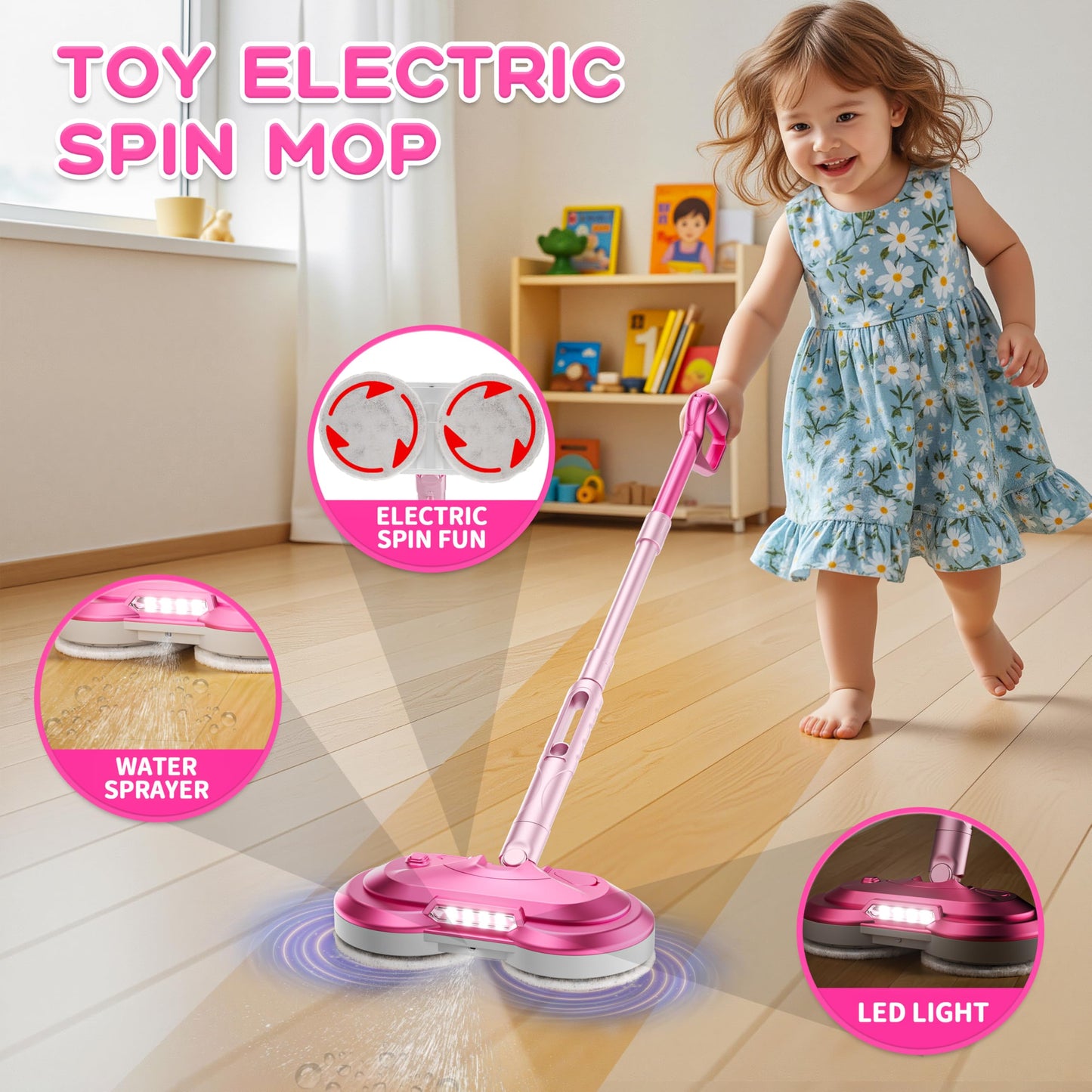 BLAXTEM Kids Electric Spray Spin Mop Toy – Rechargeable Cordless with LED Lights