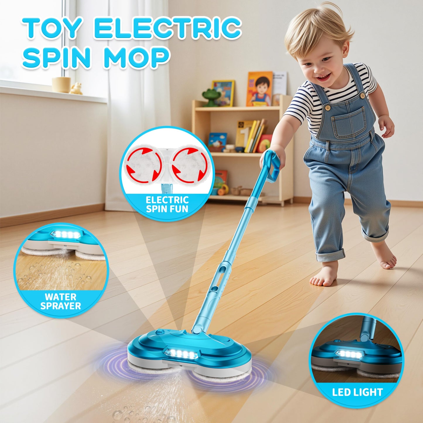 BLAXTEM Kids Electric Spray Spin Mop Toy – Rechargeable Cordless Mop with LED Headlights