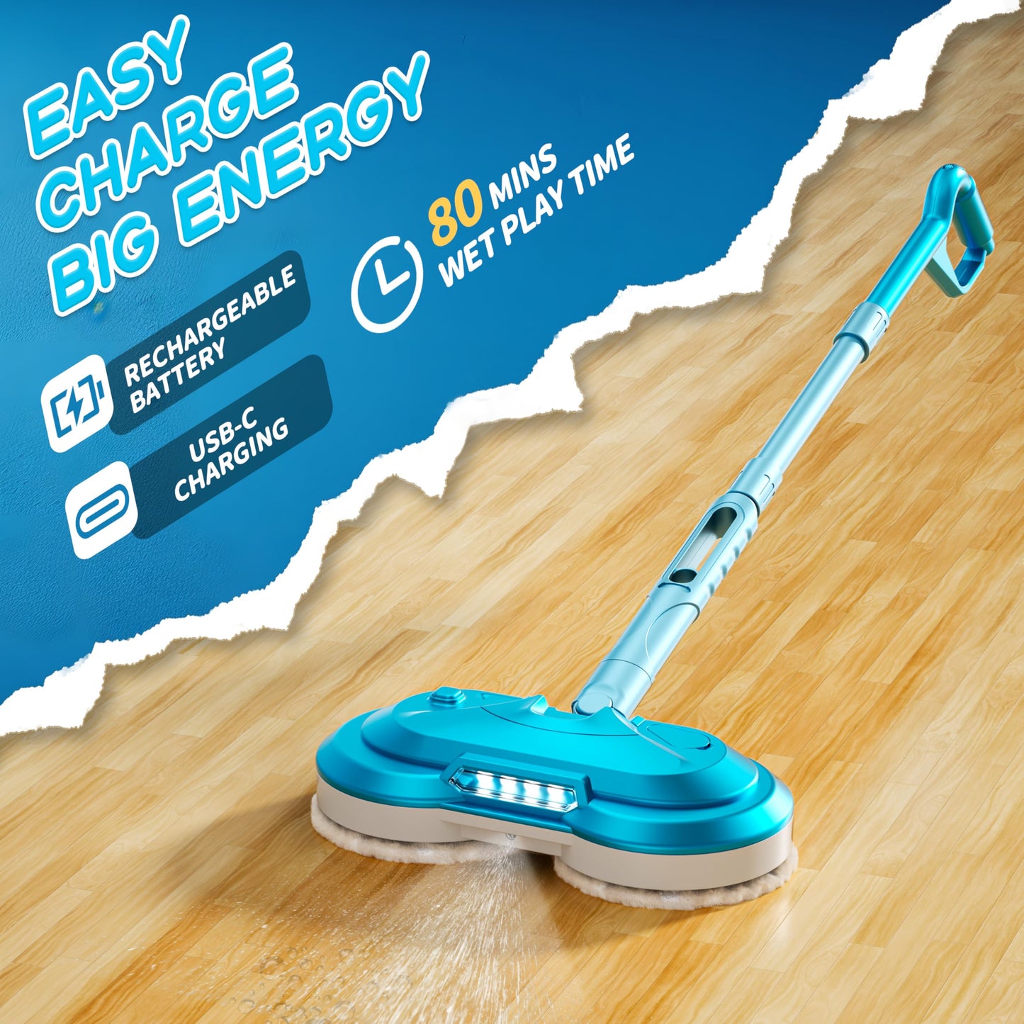 BLAXTEM Kids Electric Spray Spin Mop Toy – Rechargeable Cordless Mop with LED Headlights