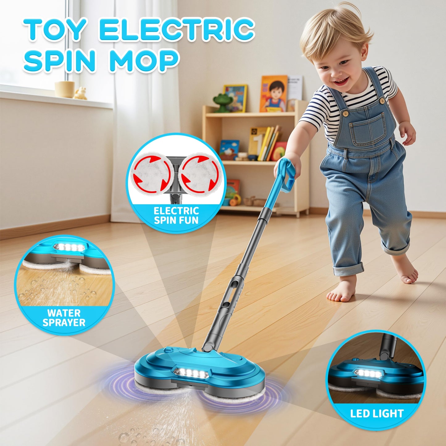 BLAXTEM Kids Toy Electric Spray Spin Mop – Rechargeable Cordless Cleaning Toy with LED Headlights