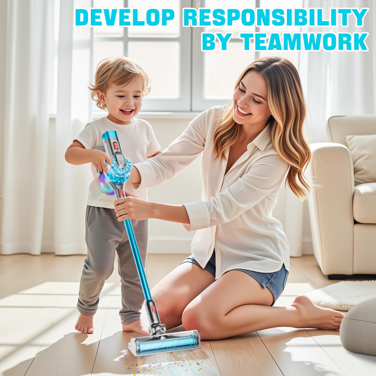 BLAXTEM 4-in-1 Kids Toy Vacuum: Suction, 4 Attachments, Safe Pretend Play Cleaning Set