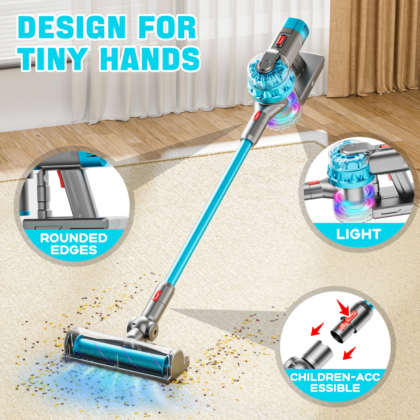 BLAXTEM 4-in-1 Kids Toy Vacuum: Suction, 4 Attachments, Safe Pretend Play Cleaning Set