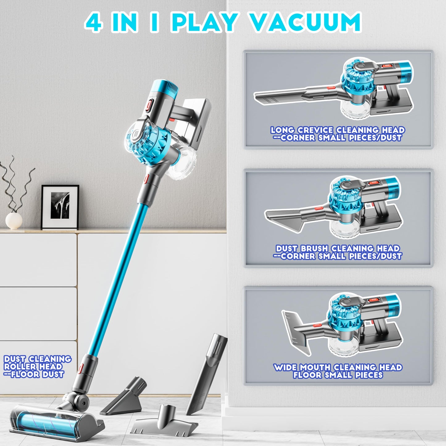 BLAXTEM 4-in-1 Kids Vacuum Toy with Real Suction – Pretend Play Cleaning Set