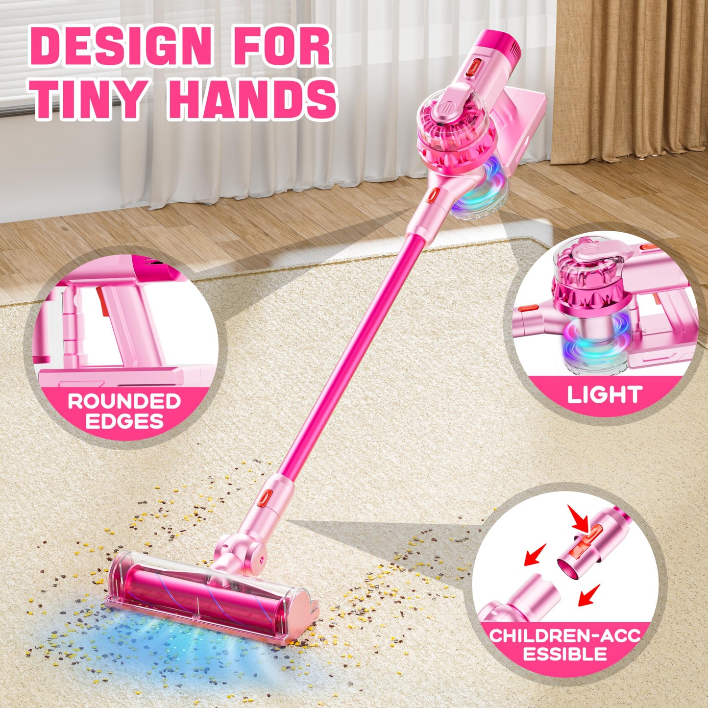 BLAXTEM 4-in-1 Kids Toy Vacuum – Pink, Auto/Manual Modes for Playful Cleanups