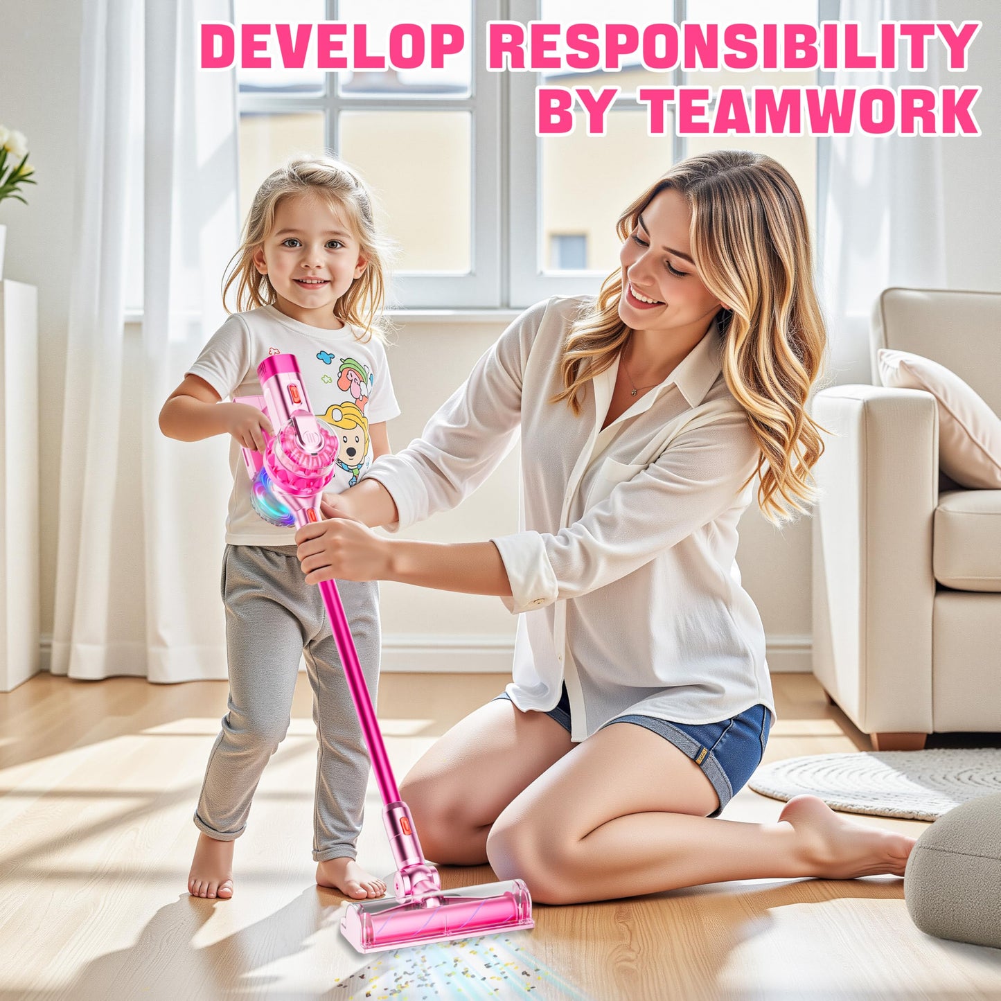 BLAXTEM 4-in-1 Kids Toy Vacuum – Pink, Auto/Manual Modes for Playful Cleanups