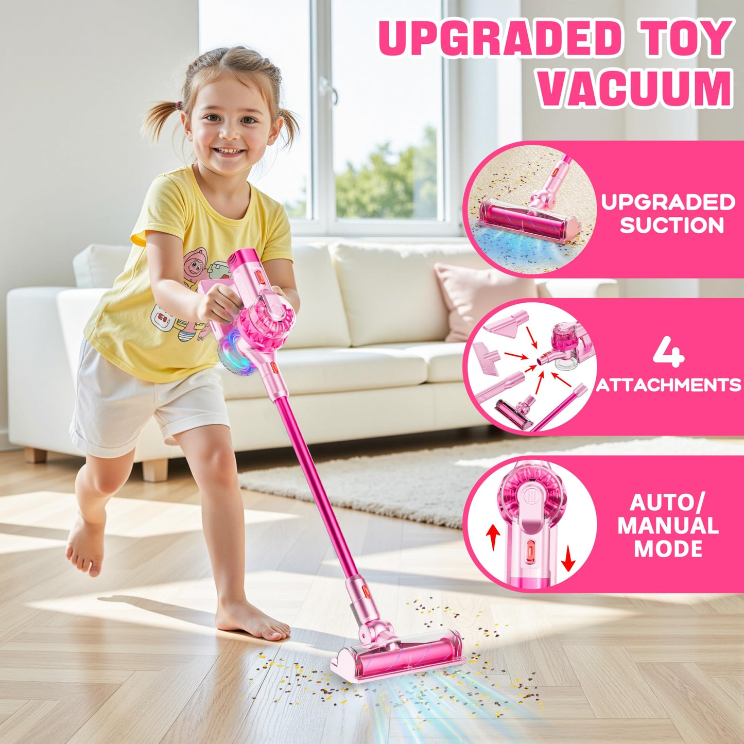 BLAXTEM 4-in-1 Kids Toy Vacuum – Pink, Auto/Manual Modes for Playful Cleanups
