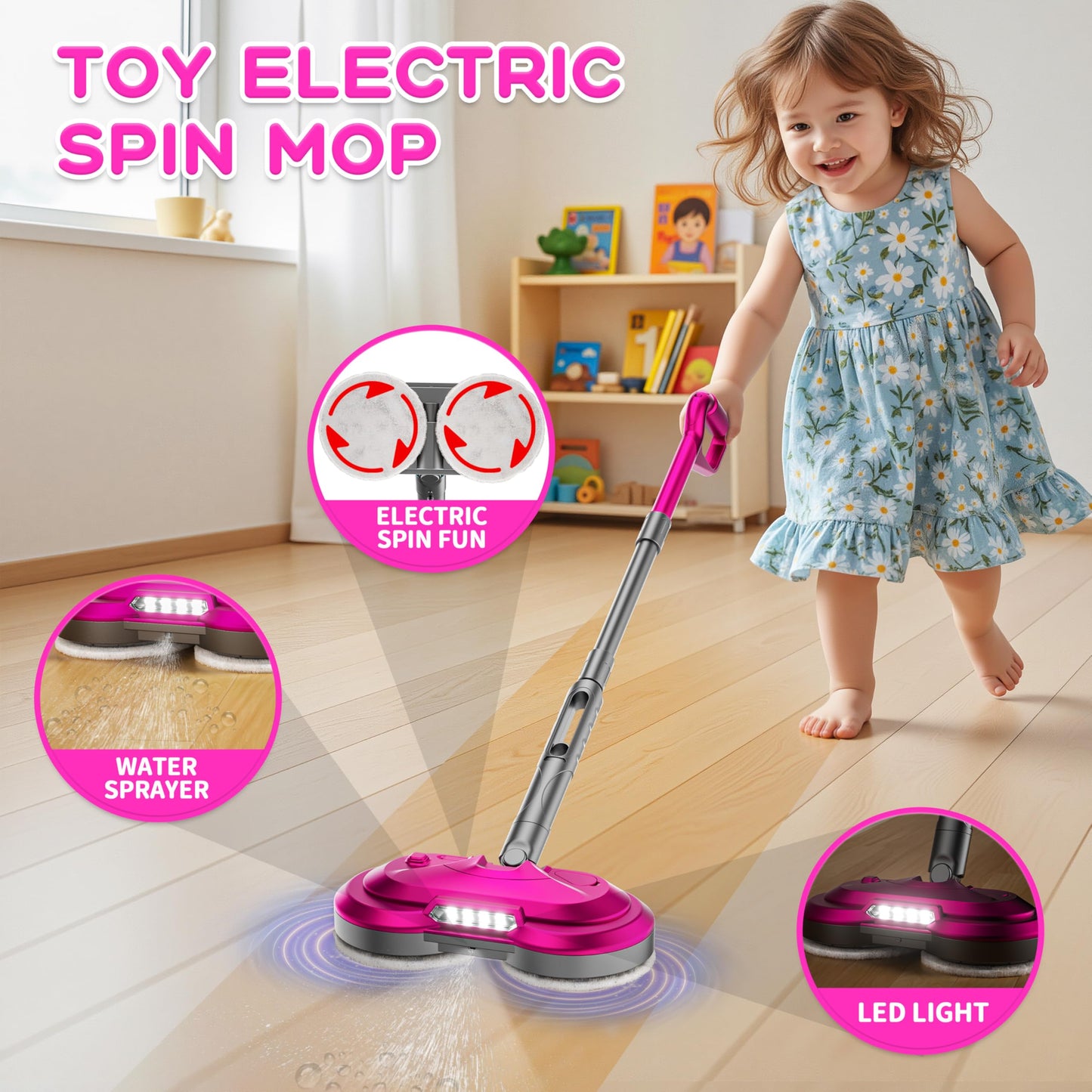 BLAXTEM Kids Electric Spray Spin Mop Toy – Rechargeable, LED Headlights, Safe for Ages 3-6+