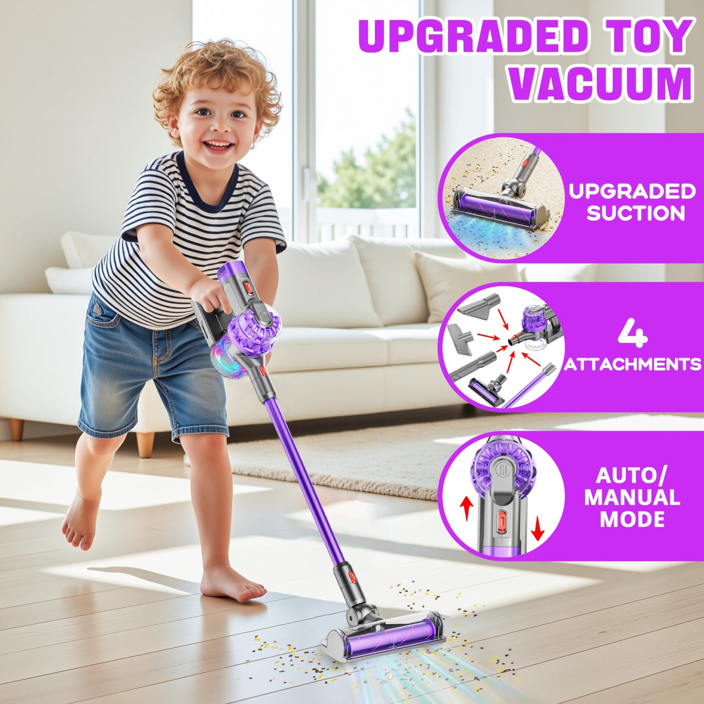 BLAXTEM 4-in-1 Toy Vacuum for Kids – Pretend Play Cleaning (Purple)