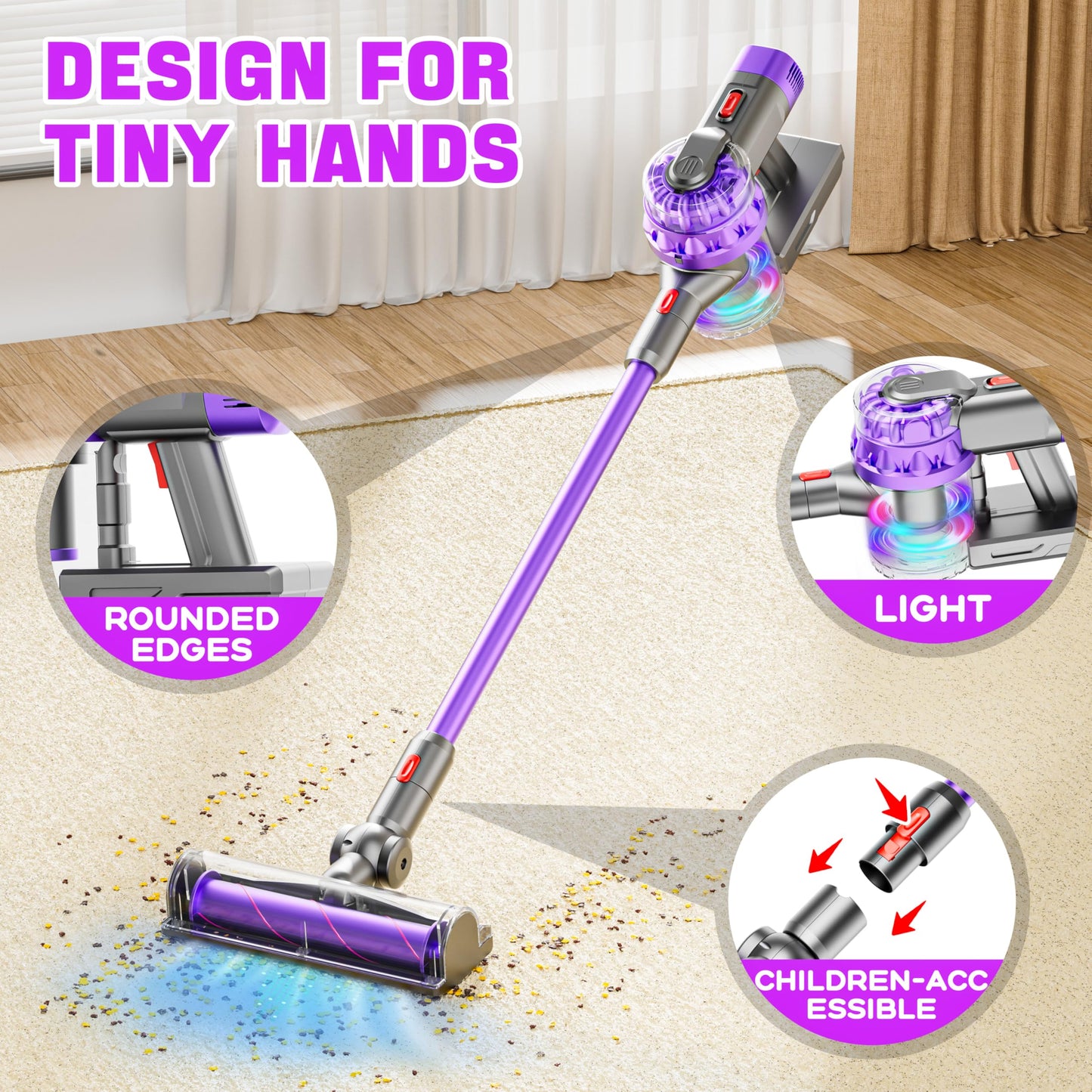 BLAXTEM 4-in-1 Toy Vacuum for Kids – Pretend Play Cleaning (Purple)